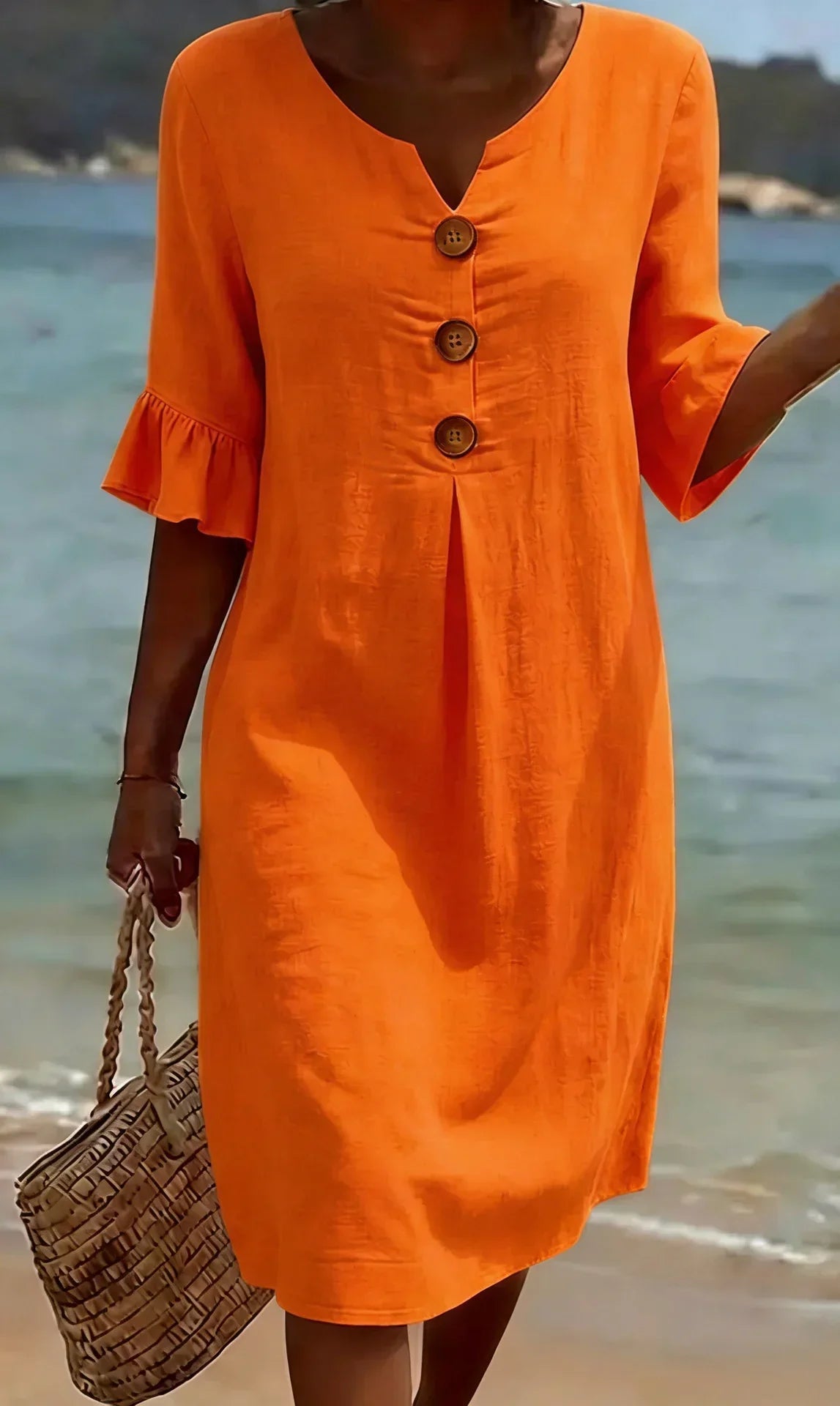 Monique | Vestido abotonado con aspecto de lino y mangas abullonadas