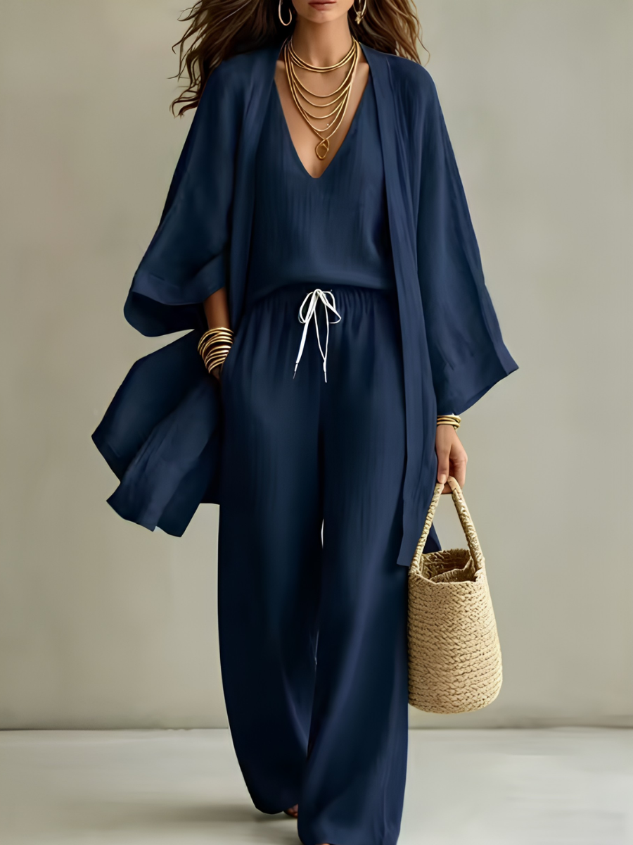 Isabelle | Conjunto de homewear de 3 piezas en lino casual