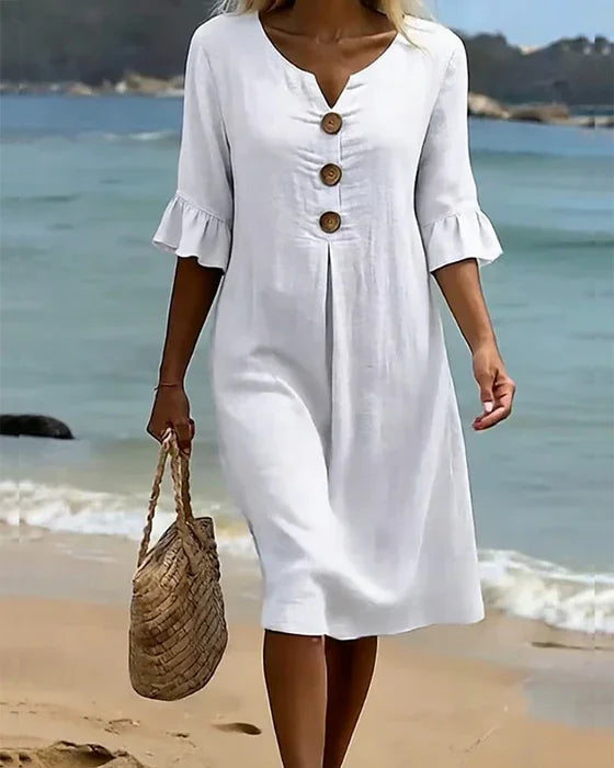 Monique | Vestido abotonado con aspecto de lino y mangas abullonadas