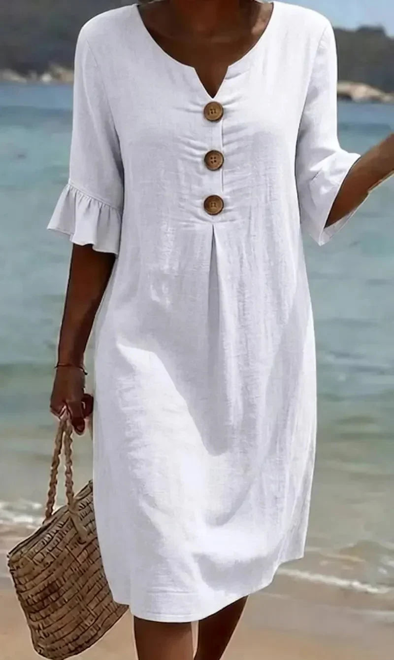 Monique | Vestido abotonado con aspecto de lino y mangas abullonadas