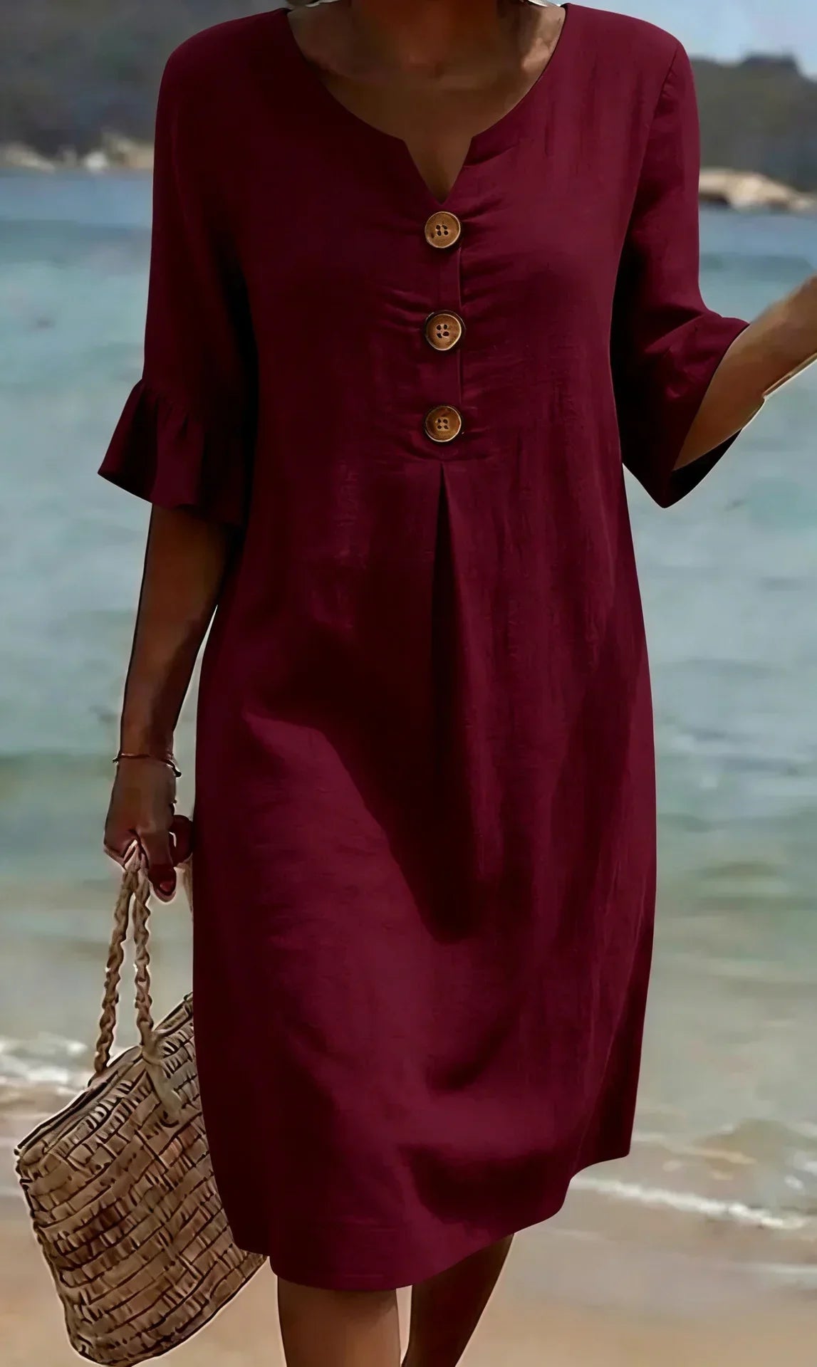 Monique | Vestido abotonado con aspecto de lino y mangas abullonadas