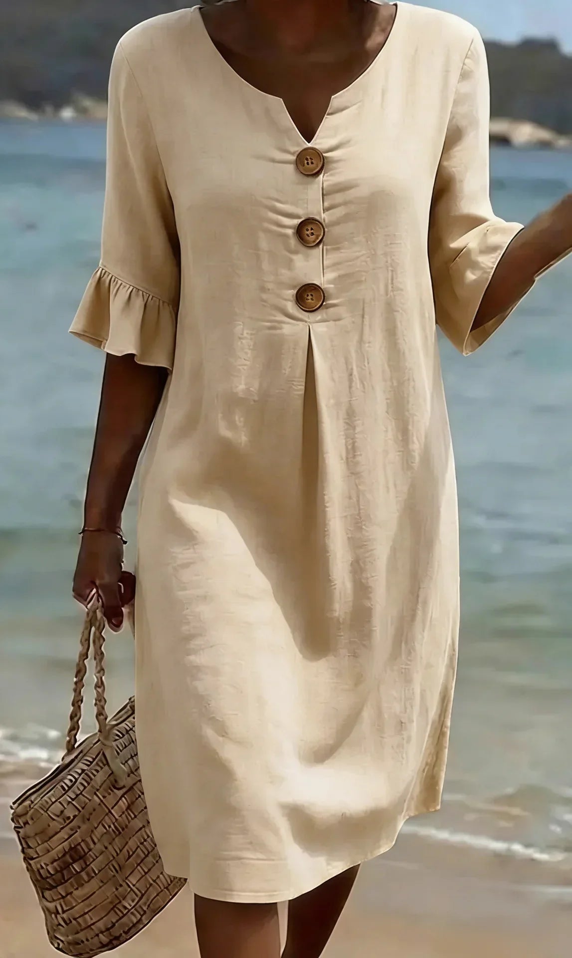 Monique | Vestido abotonado con aspecto de lino y mangas abullonadas