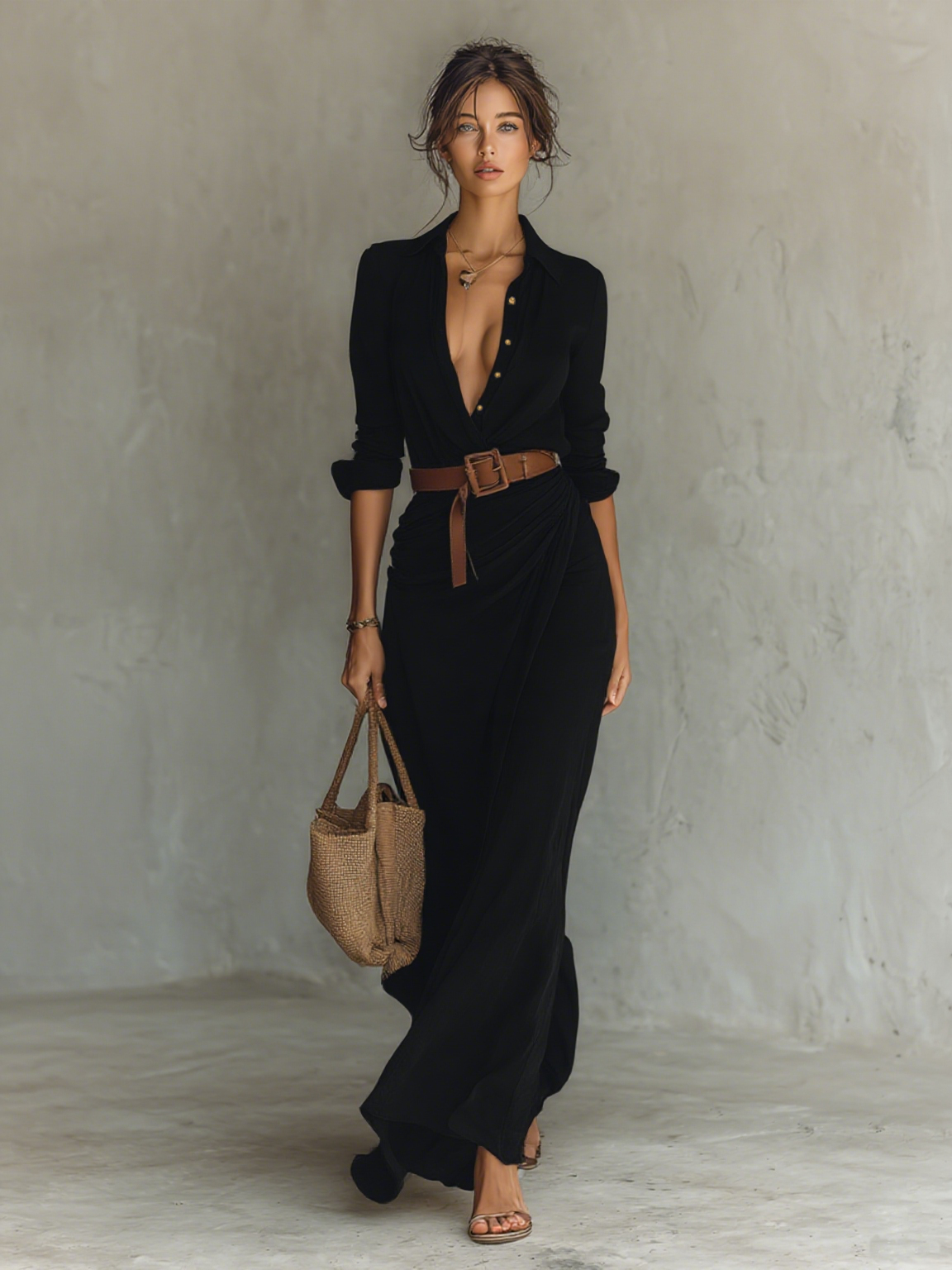 Audrey | Vestido Maxi Cinturado de Manga Larga