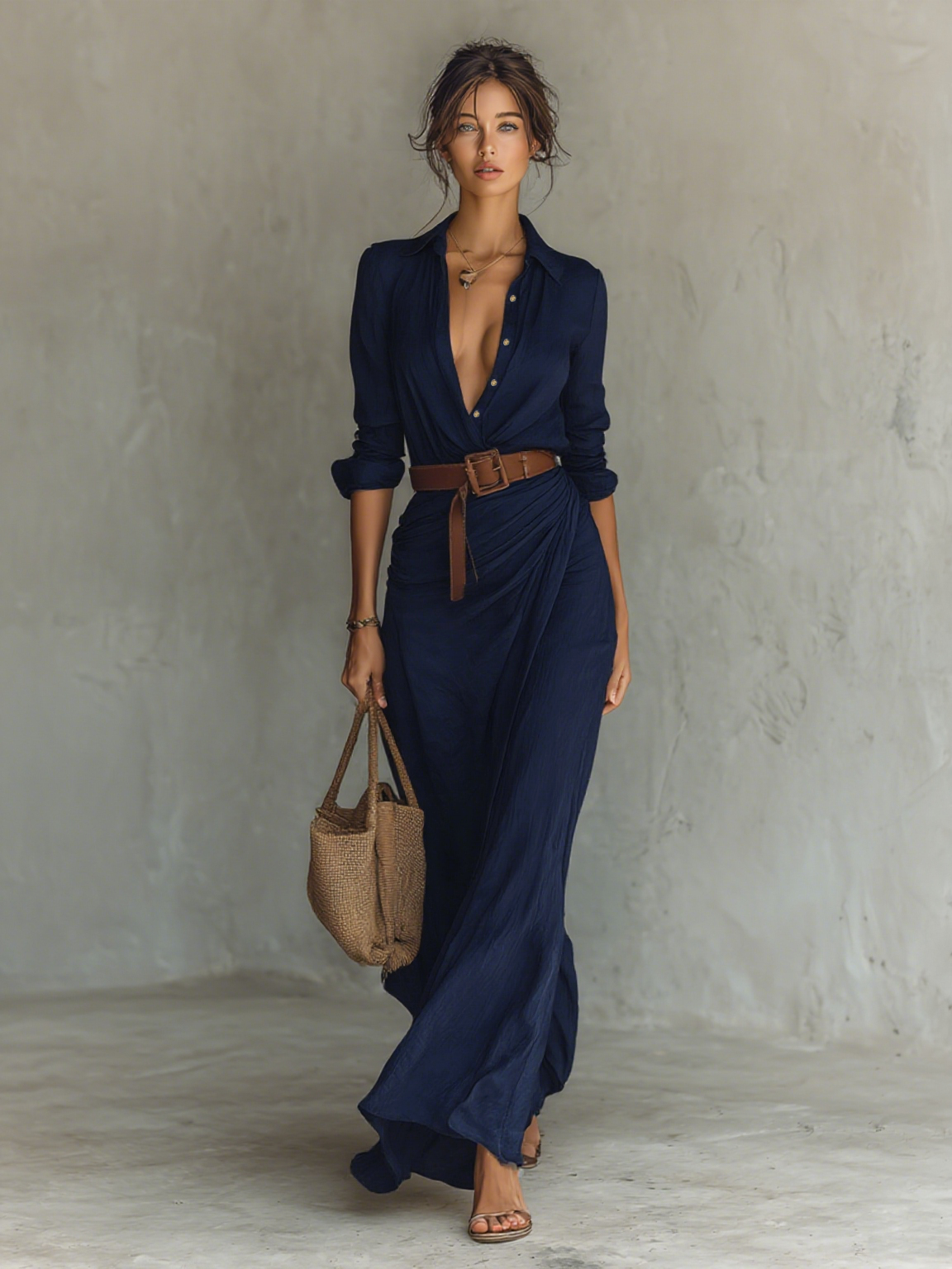 Audrey | Vestido Maxi Cinturado de Manga Larga