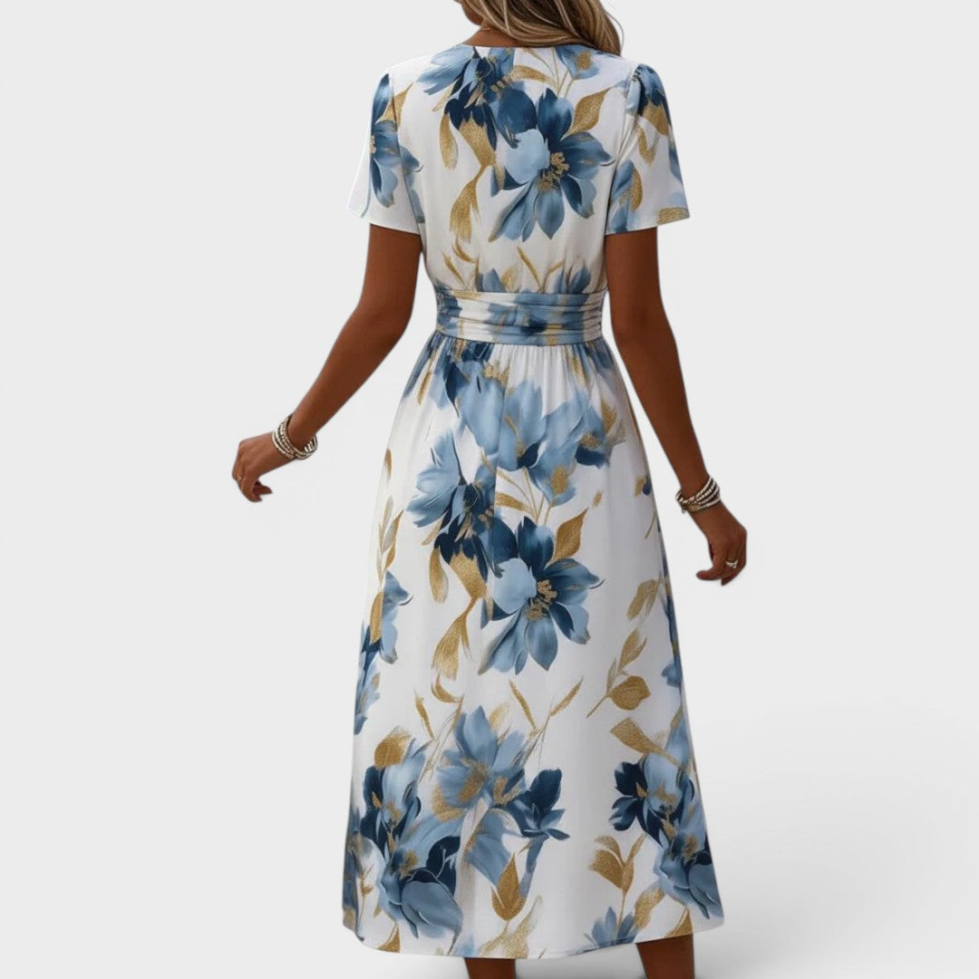 Denise | Vestido Midi Floral Cruzado con Cintura Fruncida