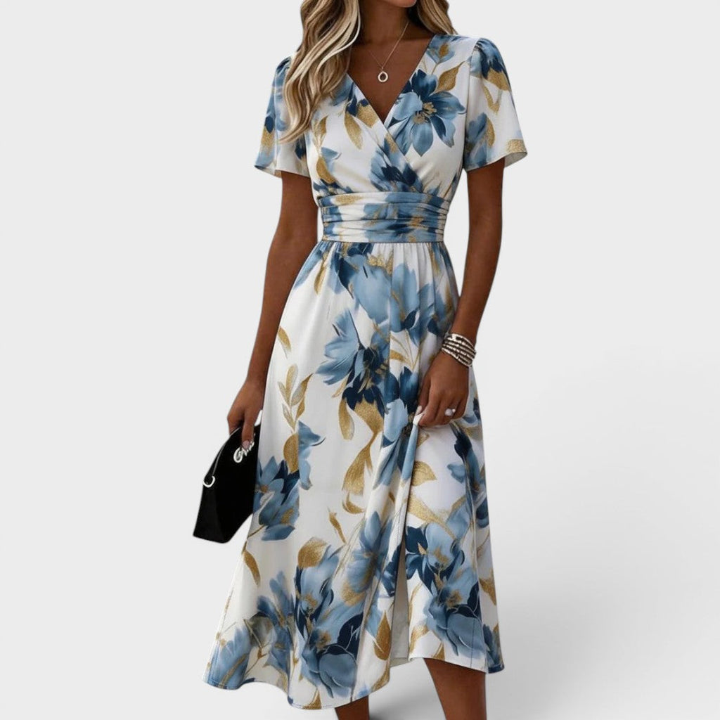 Denise | Vestido Midi Floral Cruzado con Cintura Fruncida