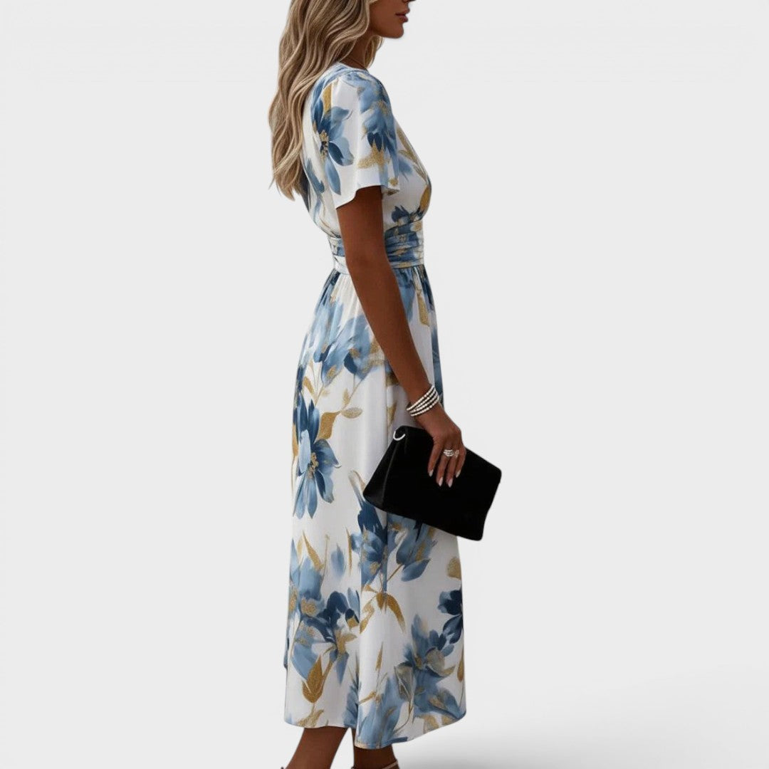 Denise | Vestido Midi Floral Cruzado con Cintura Fruncida