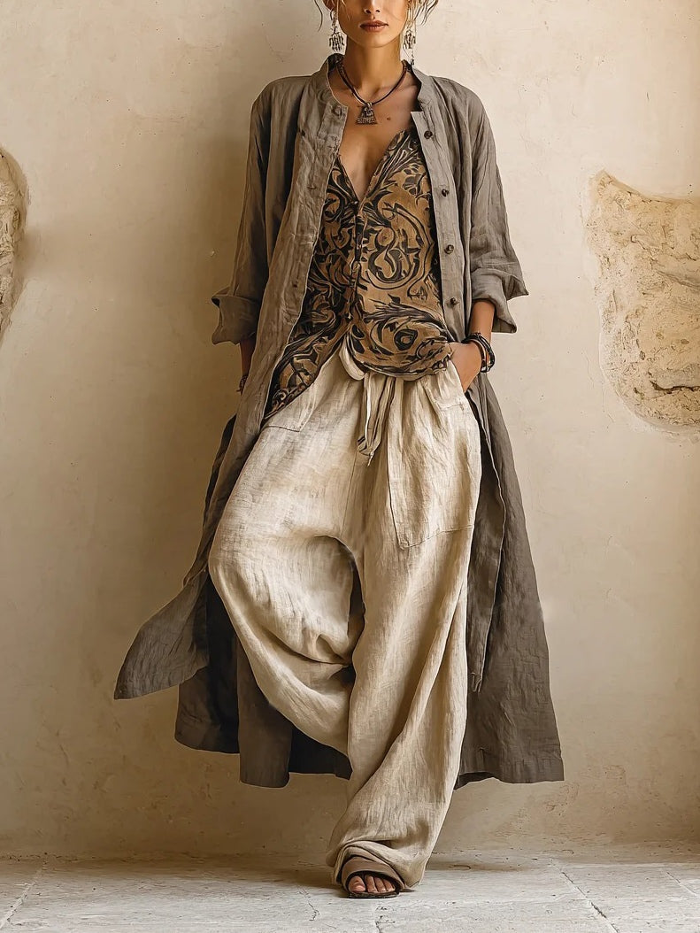 Laurence | Conjunto de tres piezas de lino y algodón con encanto bohemio natural