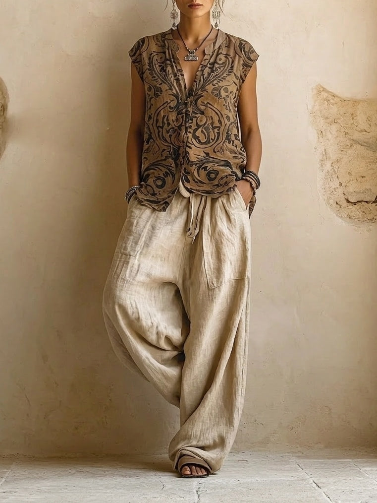 Laurence | Conjunto de tres piezas de lino y algodón con encanto bohemio natural