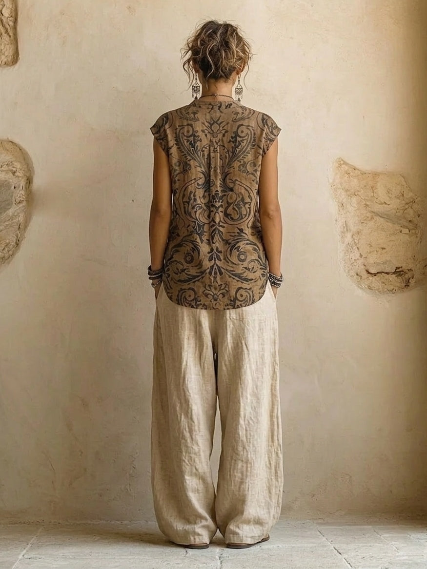 Laurence | Conjunto de tres piezas de lino y algodón con encanto bohemio natural
