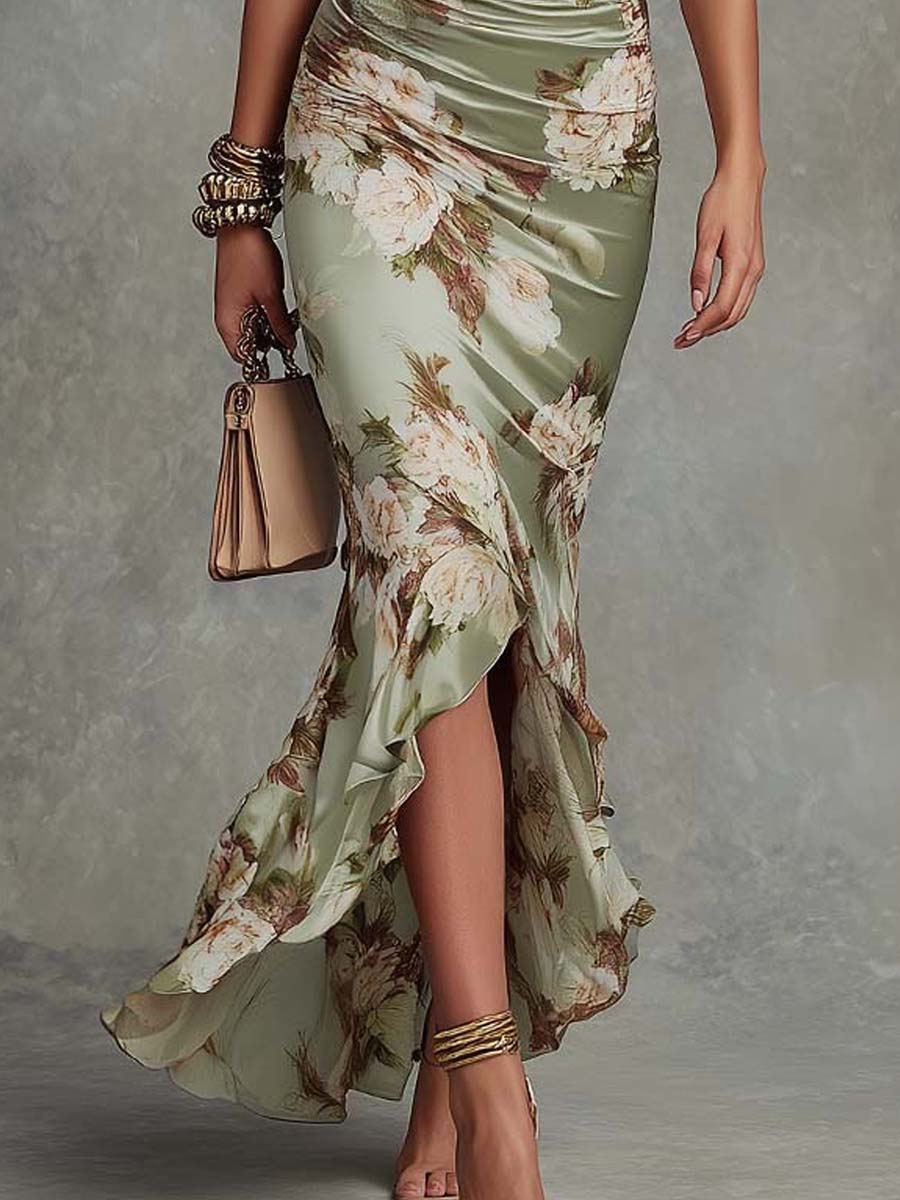 Clemence | Vestido Largo de Satén con Estampado Floral