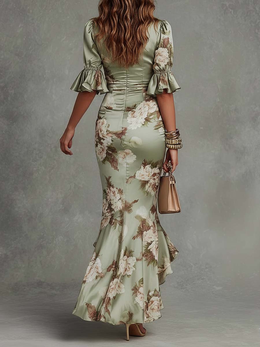 Clemence | Vestido Largo de Satén con Estampado Floral