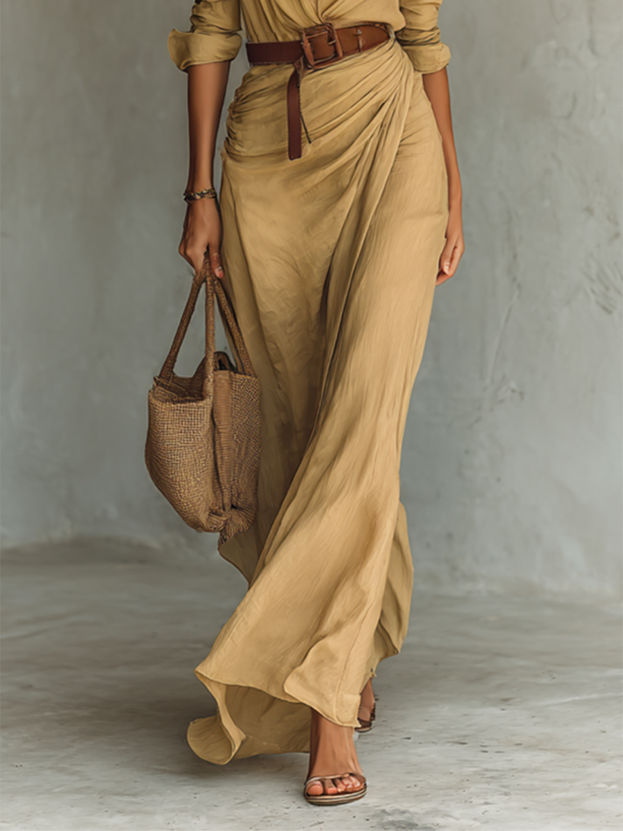 Audrey | Vestido Maxi Cinturado de Manga Larga