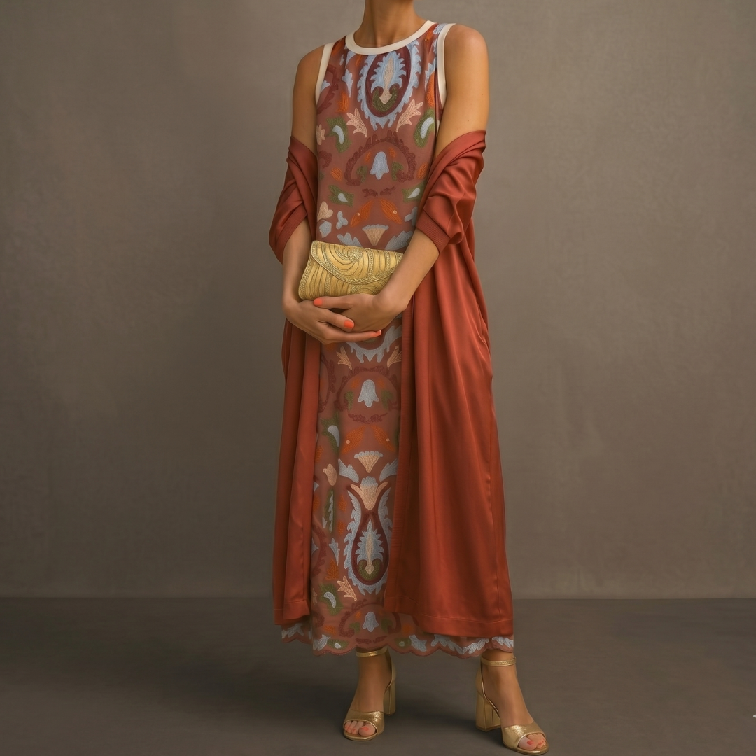 Danielle | Vestido largo estampado y chaleco a juego