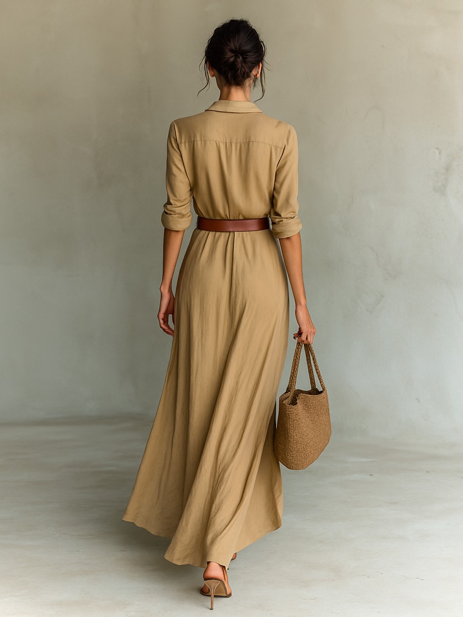 Audrey | Vestido Maxi Cinturado de Manga Larga