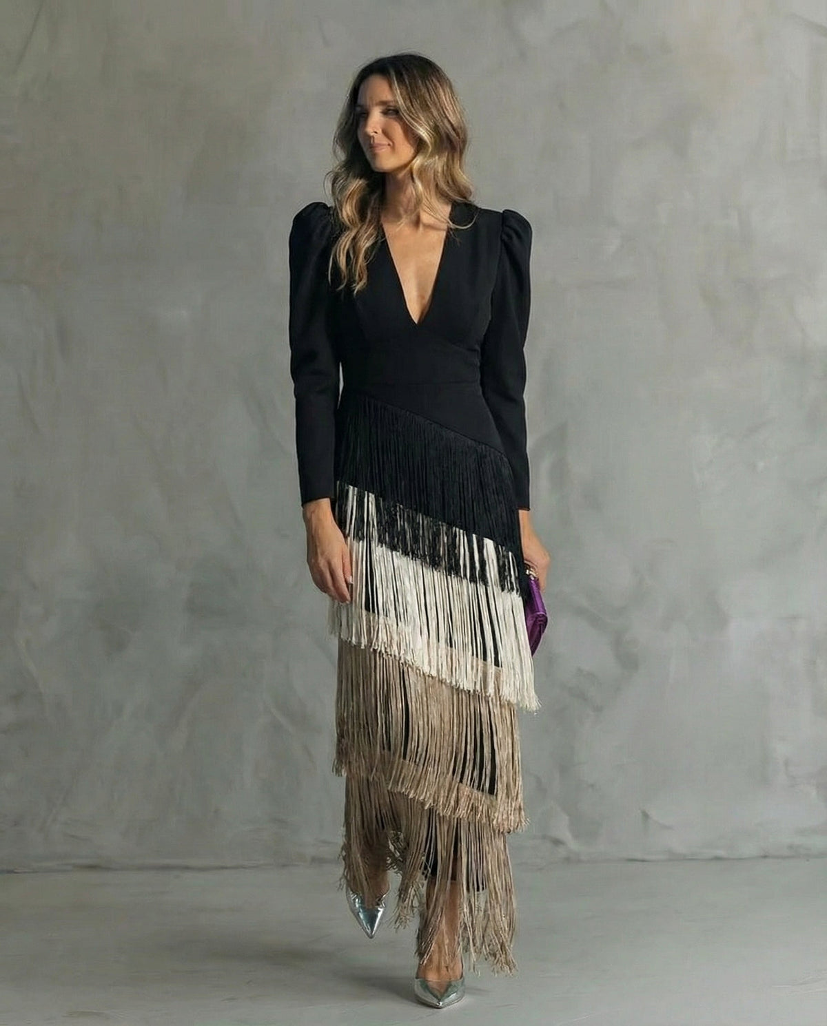 Claire™ | Vestido midi elegante con mangas de flecos
