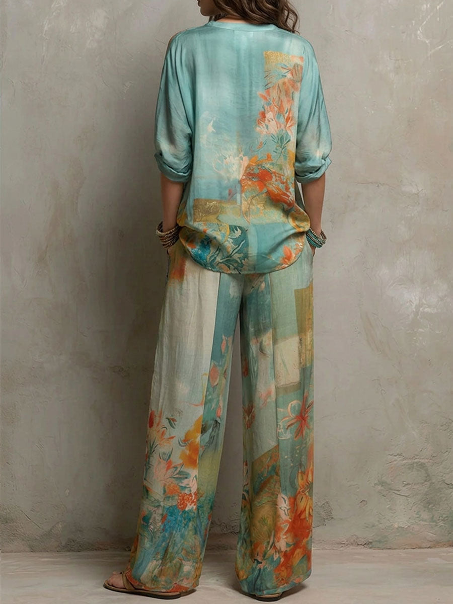 Claire | Conjunto elegante con estampado floral y pantalón ancho
