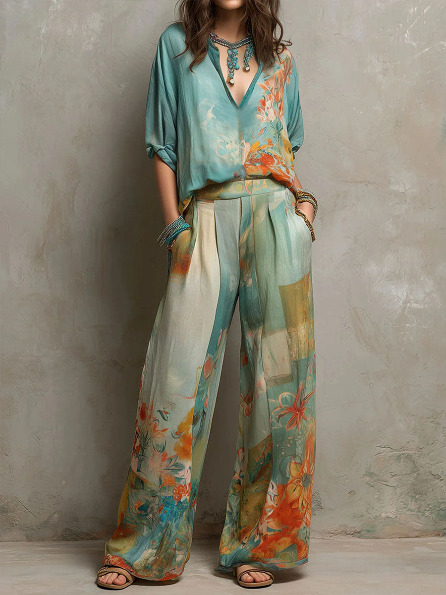 Claire | Conjunto elegante con estampado floral y pantalón ancho